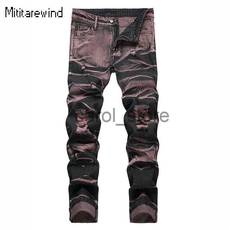 Men's Pants High Street Ripped Jeans for Men Four Seasons Causal Denim Pants Personalized Black Pink Straight Jeans Fashion Youth Trousers J231208
