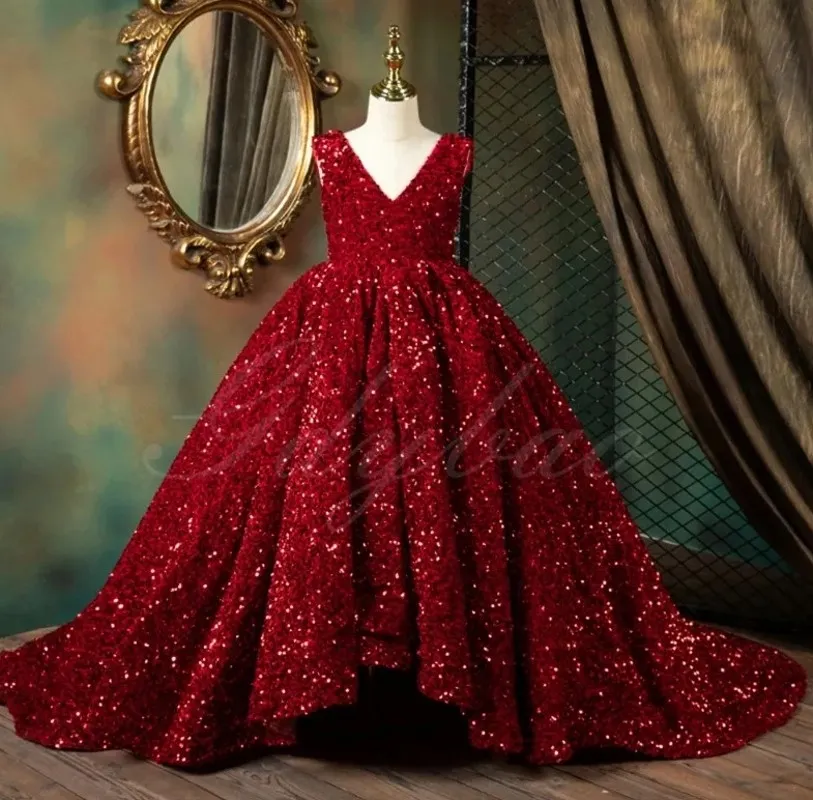 2024 Wine Red Sequin Flower Girl Pageant Ball Gown Dress Long Puffy Little Girl Wedding Birthday Party First Communion Holiday Dresses