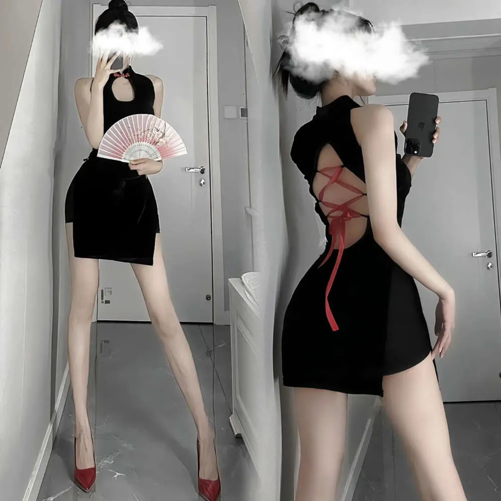 2023 새로운 여성의 섹시한 파마 스트래핑 중공 아웃 매혹적인 의상 여성 에로틱 한 에로틱 한 중국 중국 Qipao 스커트 나이트 드레스 섹시