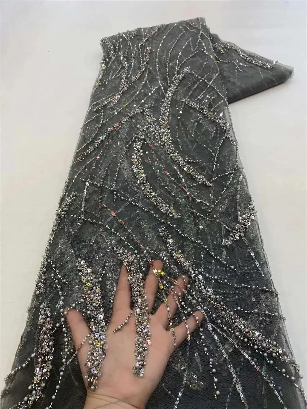 Ткань и шитье Роскошное 3D кружево 5 ярдов Дубай Тюль ручной работы из бисера с вышивкой и пайетками в африканском нигерийском стиле Для 231211