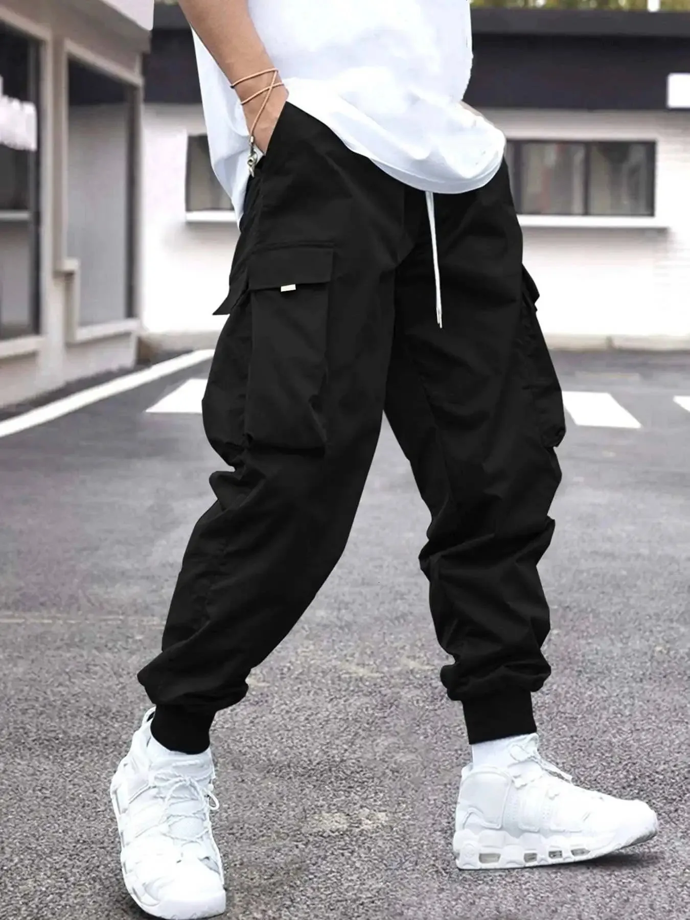 Mens Cargo Pants with Flap Pockets and Drawstring Waist