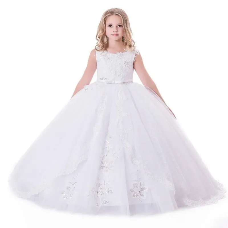 Simple Long Ivory Flower Girl Dresses Jewel Neck Tulle Sleeveless Lace Appliques with Sash Ball Gown Floor Length Custom Made for Wedding Party