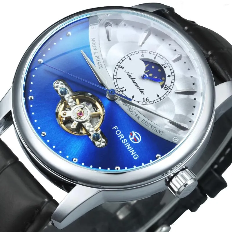 Montres-bracelets Forsining Mode Tourbillon Montres mécaniques pour hommes Luxe Phase de lune Bracelet en cuir véritable Argent Bleu Montre automatique