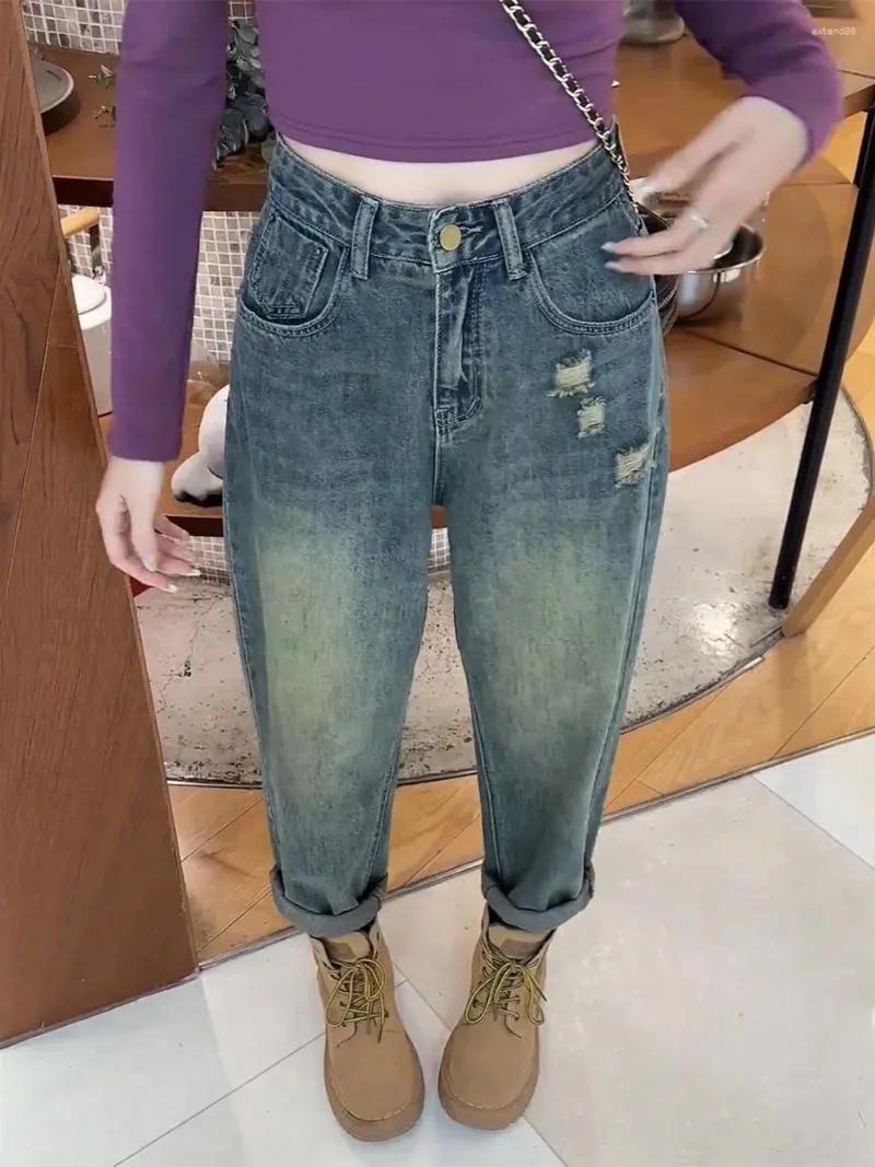 Jeans pour femmes Y2K 2023 Harlan grande taille taille haute amincissante conception élastique rétro déchiré papa fille pantalon