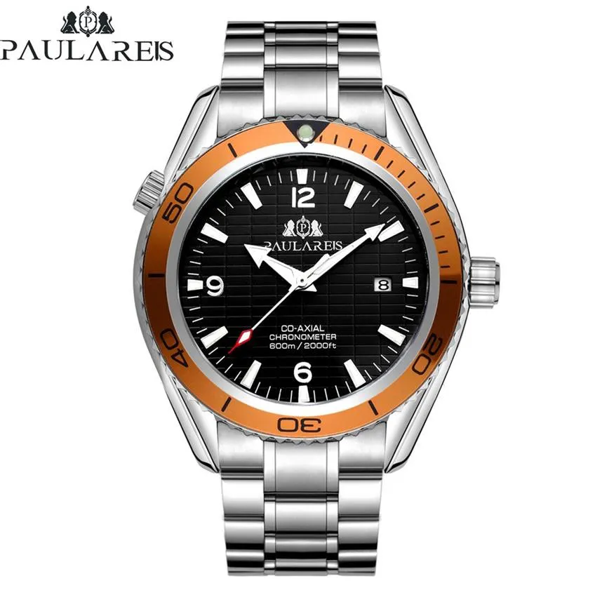 Automático auto vento mecânico pulseira de aço inoxidável simples laranja azul moldura james bond 007 estilo data negócios relógio masculino t200311265w