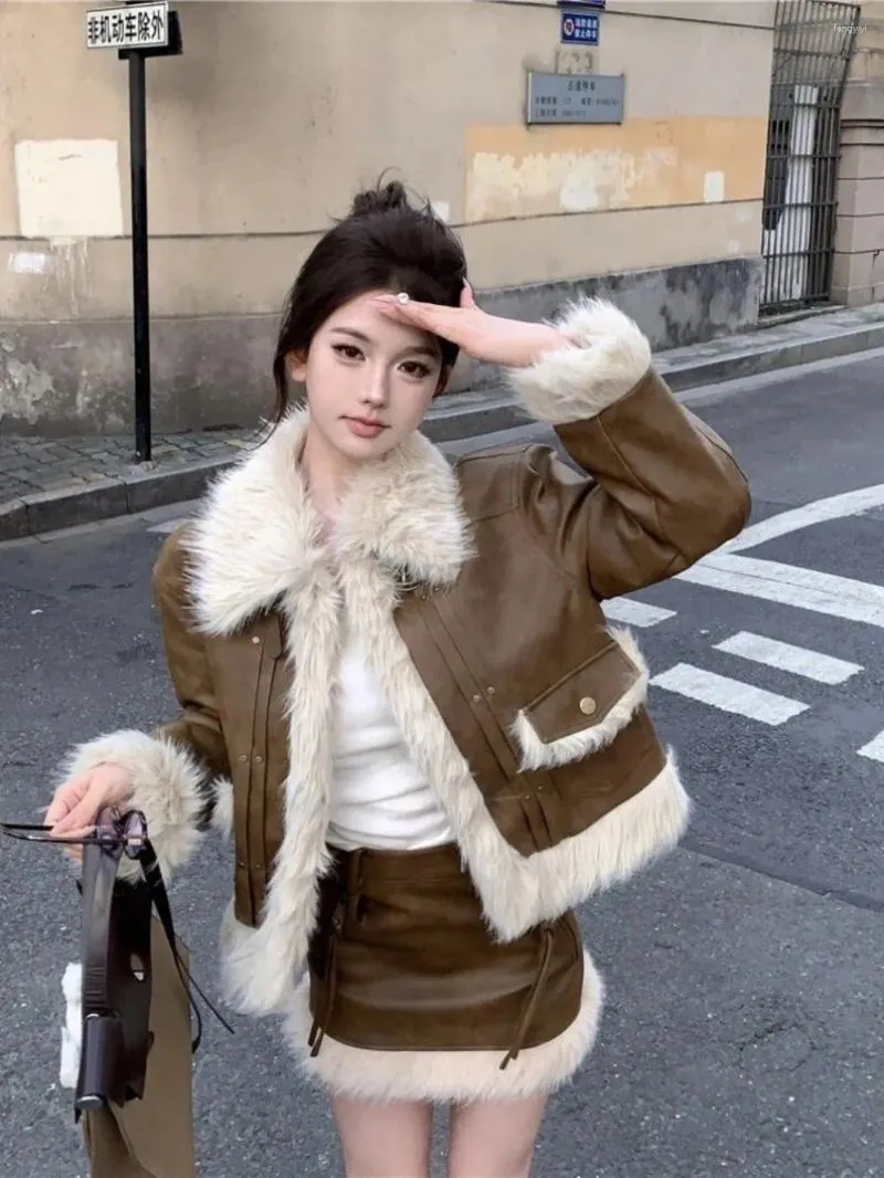 Women's Fur Plush Collar Leather Coat Short Jacket Half-body Skirt Two-piece Set 2024 Fashion Thickened Warm Imitation CoatSet