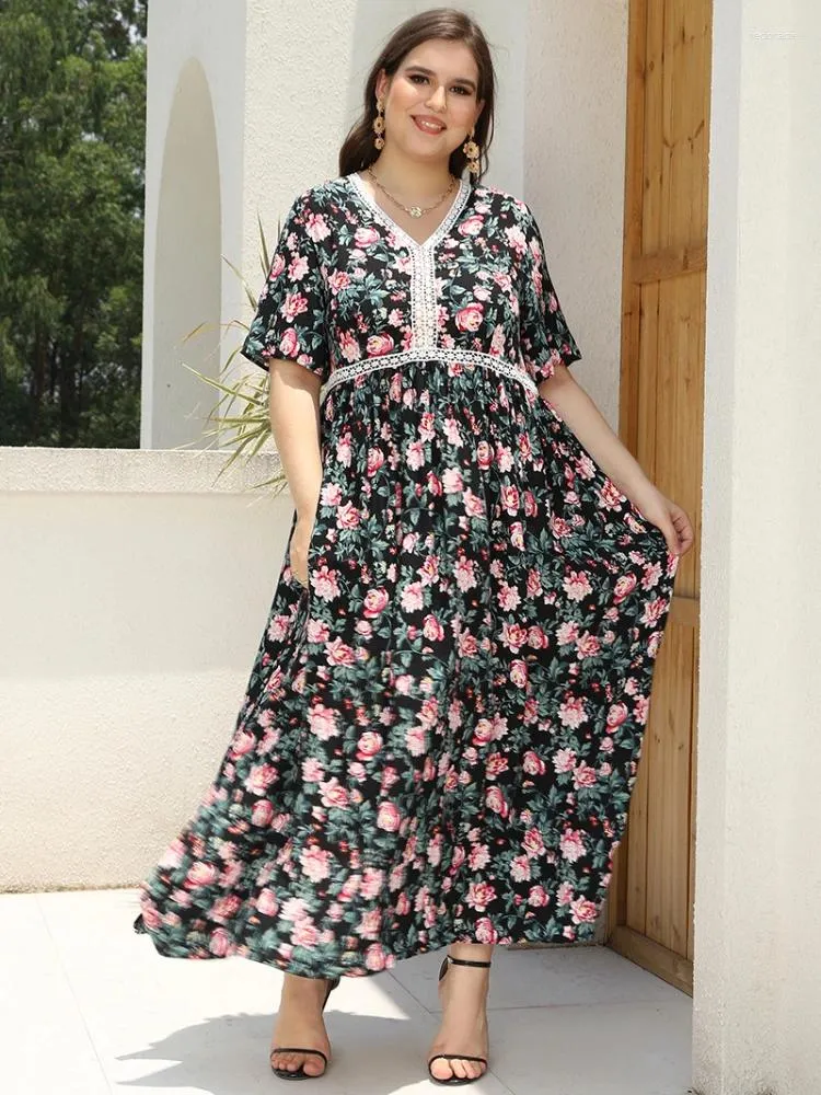 Plus Size Dresses Summer Dress Woman Lace Patchwork V Neck Short Sleeve Floral Print Chiffon Boho Beach Maxi Long Women Clothing