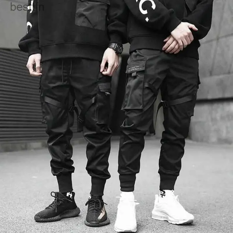 Pantalons pour hommes Streetwear 2023 printemps décontracté pantalons pour hommes rubans de coton pantalon Cargo Harajuku mode Slim Fit noir Joggers MenL231212