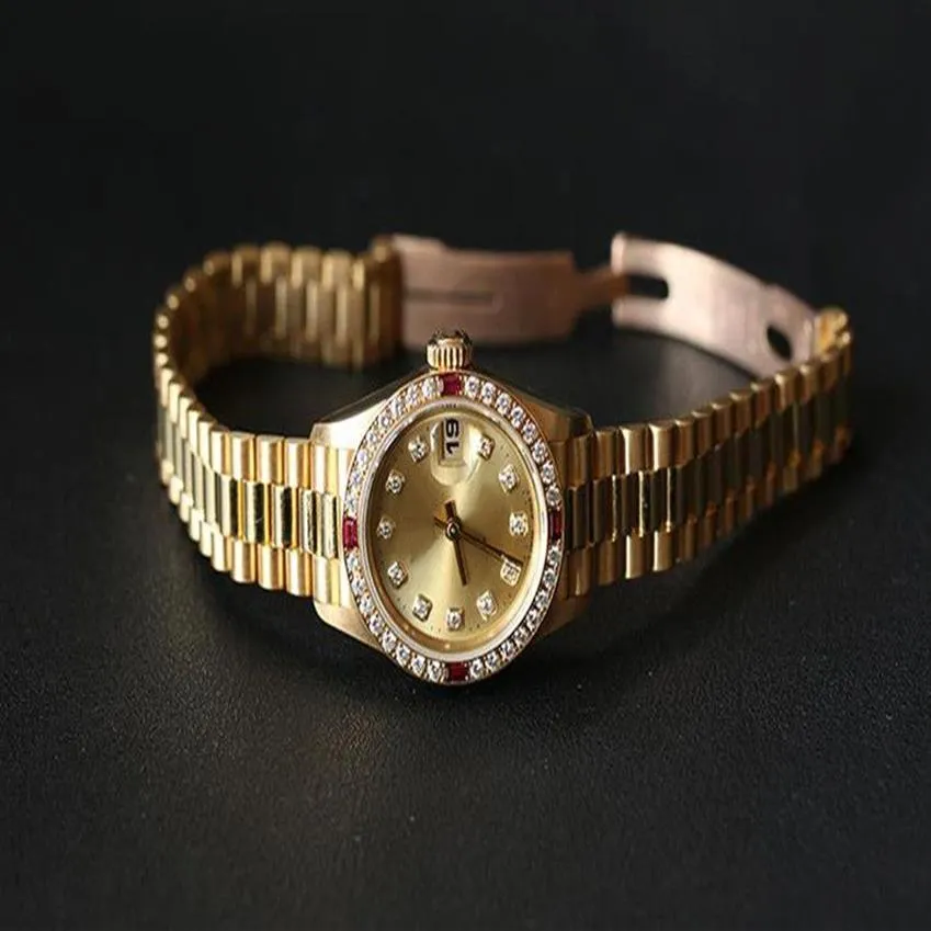Zegarek damski Złota 26 mm Diamentowa ramka mechaniczna Girl Girl Prezent301r
