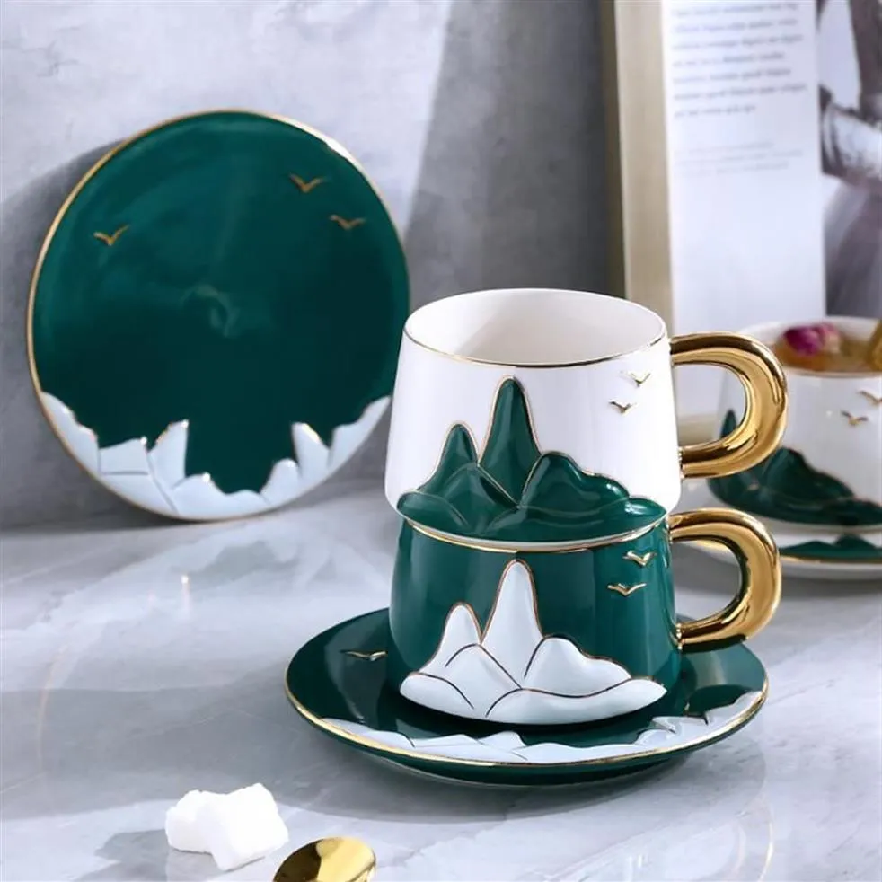 Cups Saucers Relief Landscape Pocelain Coffee Tea Cup and Saucer Creative Set in Present Box Unikt Birthday Wedding Par Mug Gif286V