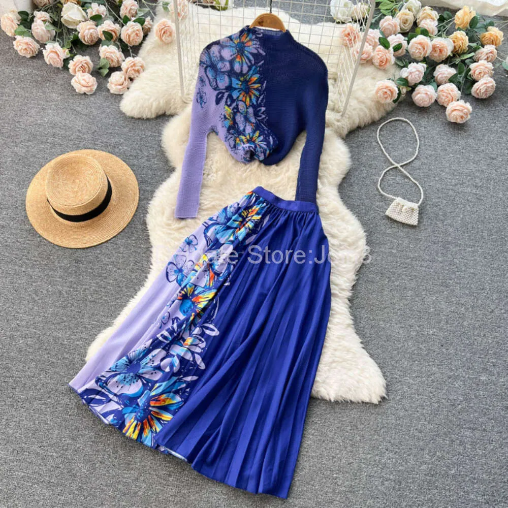 Femmes Automne Fashion Elegant Two Piece Robe Send Set Double Breasted Short Tops haute jupe longue plissée deux pièces 2024