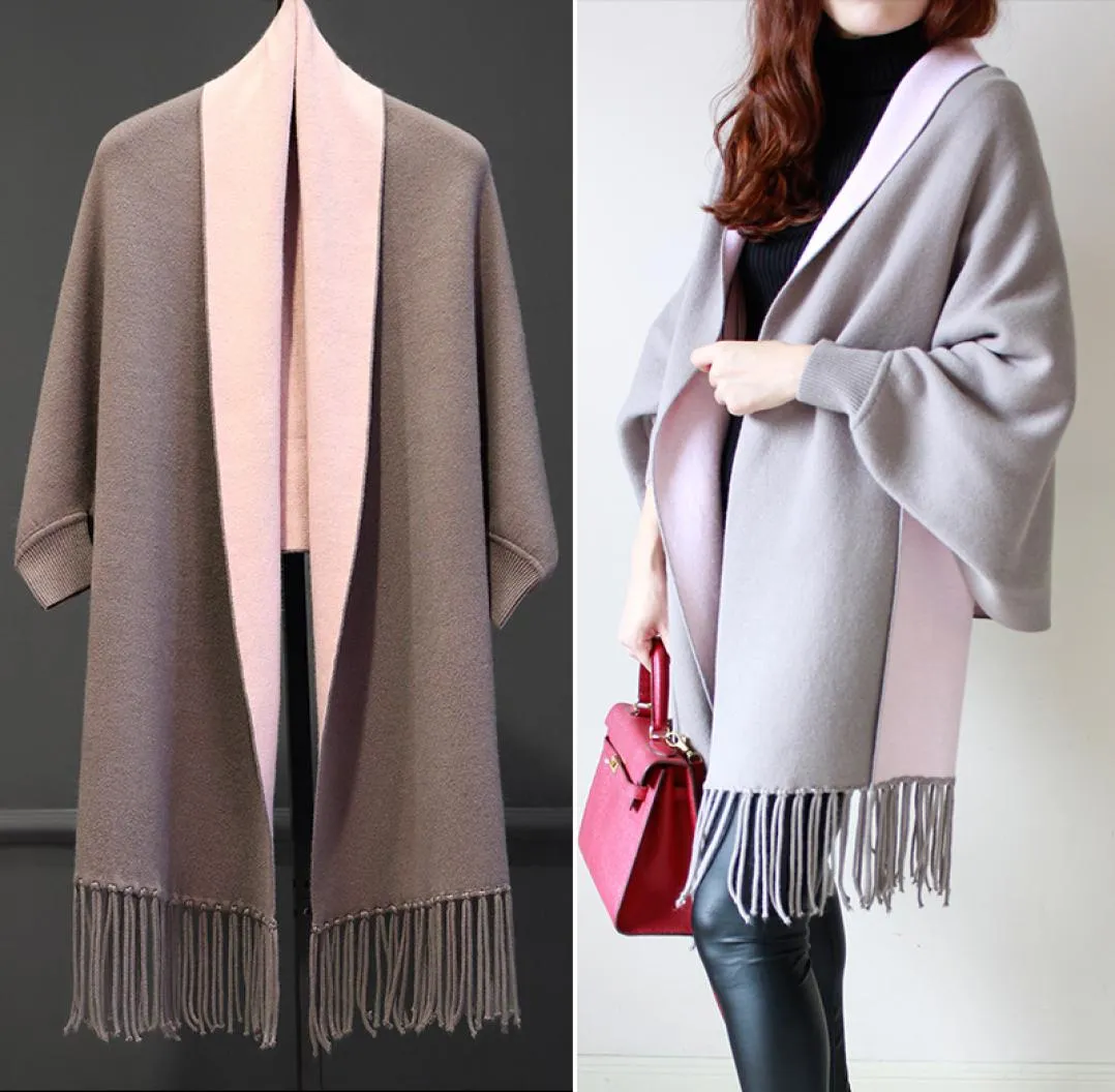 2017 Winter Mode Marke Kaschmir Zweiseitige Schal Frauen Schal Cape Decke Solide Foulard Mit Fransen Lange Ärmeln Pullover5925251