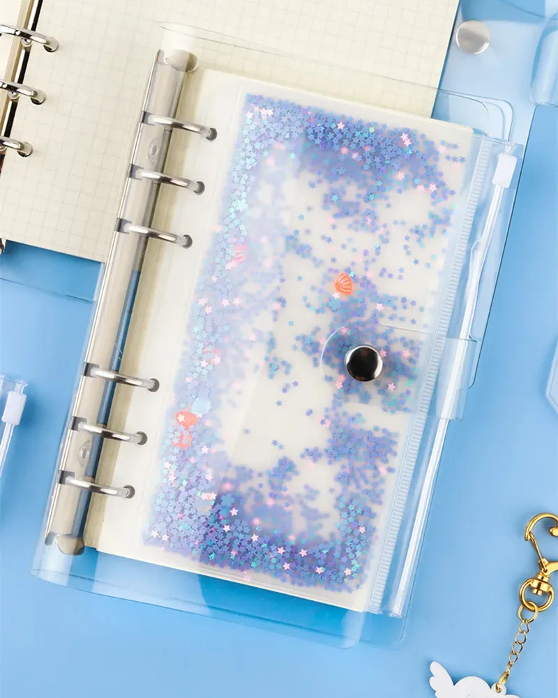 A6 Filing Supplies PVC Notebook Pocket with 6 Holes Glitter Plastic Binder Inserts Pockets A6 Loose Leaf Bags Zipper Envelopes Bult-in Flakes