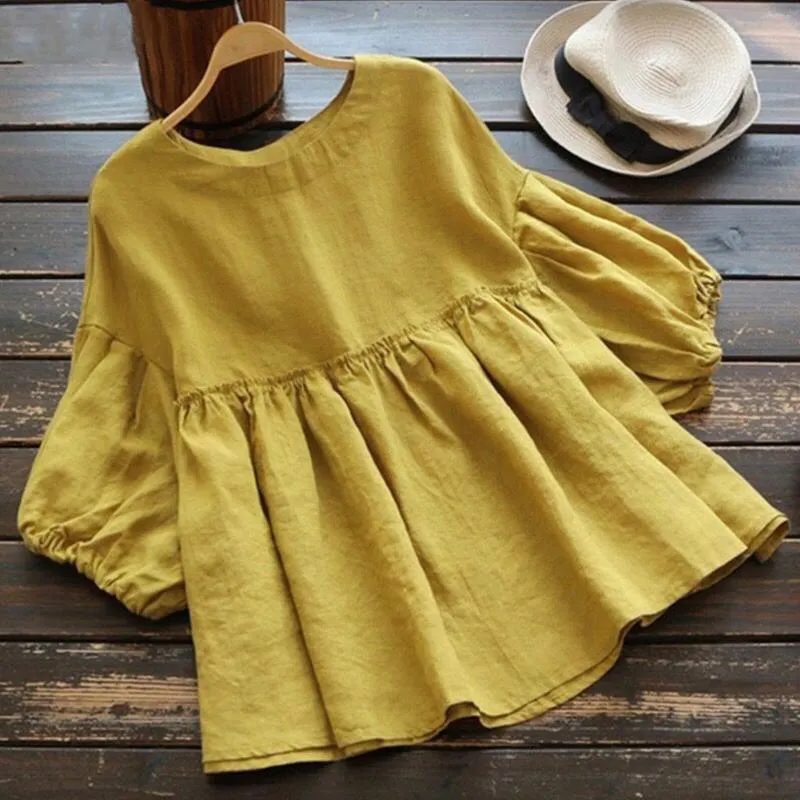 Women's Blouses Vintage Blusas Casual Cotton Linen Shirt Summer Womens Tops And Three Quarter O Neck Boho Loose Pullover Tunic Line
