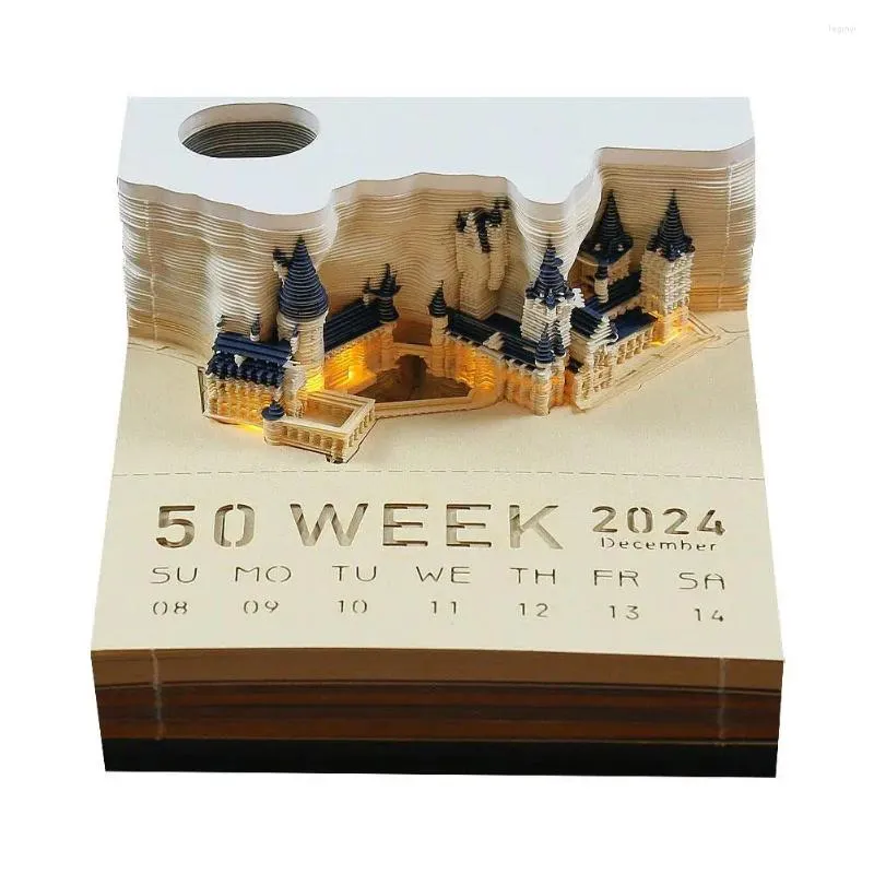 Estatuetas decorativas Creative Hand-bound Magic Castle Calendário semanal com luz 3D papel escultura arte artesanato bloco de notas notas pegajosas blocos de notas