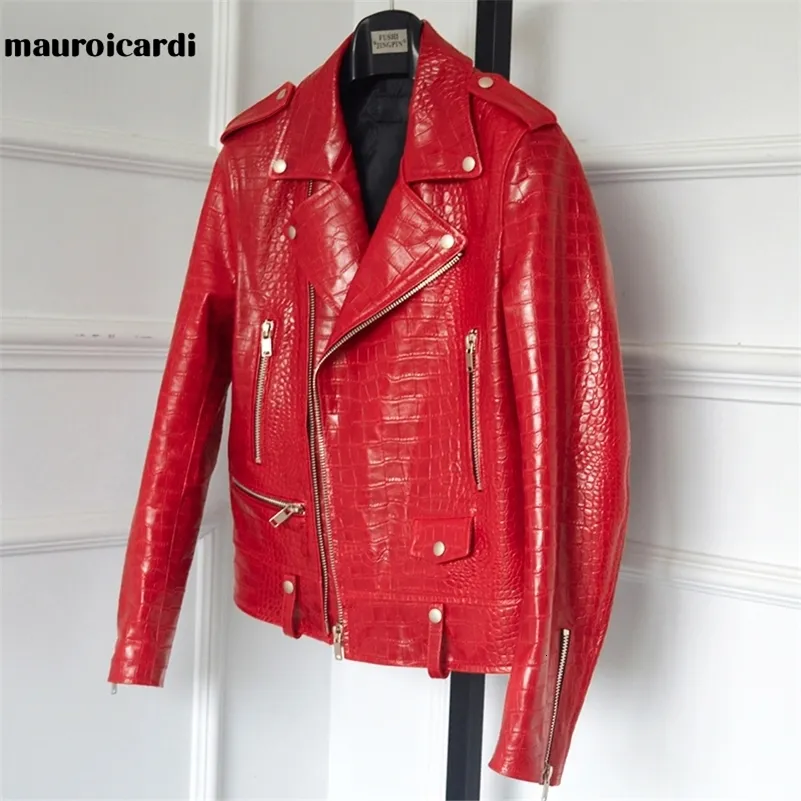 Мужская кожаная куртка Mauroicardi из искусственной кожи с красным узором, байкерская куртка с длинным рукавом на молнии, большие размеры, дизайнерская мужская одежда 4xl 5xl 231211