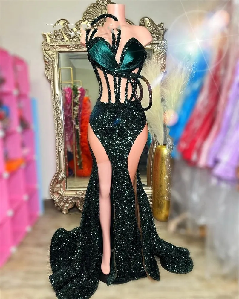 Emerald Green Sweetheart Long Prom Dress for Black Girls Sparkly Sequined Birthday Party Dresses Gleats Formal Gown High Slit BA