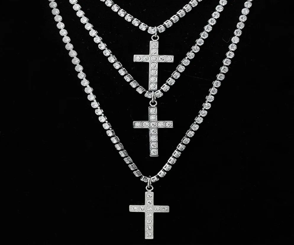 Unisex Herren039s Edelstahl Anhänger Halskette CZ Kubikzircon Kreuz Hip Hop Cluster Simulierter Diamant Tennis 455060cm Kette3915970