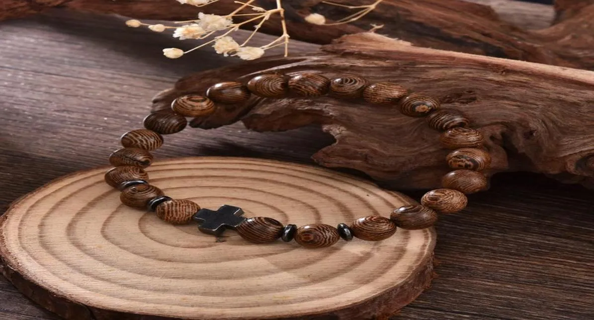 Beaded Strands Vintage Cross Bracelet Women Men Hematite Wooden Bracelets Stretchy Beads Party Yaga Jewelry Gift6146973