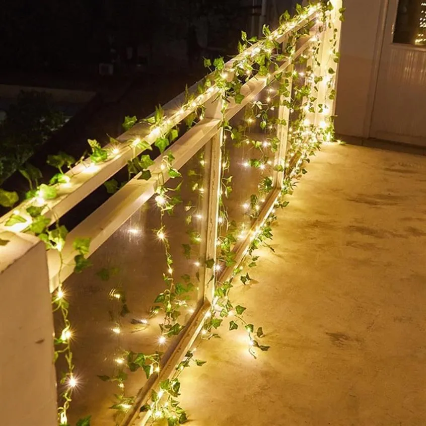Strängar 10 5 2m Fairy Wedding Ivy Leaf Vine String Lätt Solenergi med gröna blad Holiday Lamp till jul Thanksgiving Patio 258T