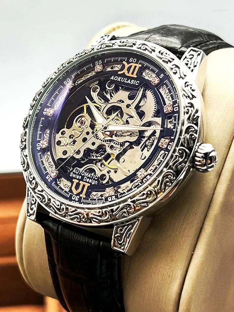 Wristwatches Vintage Engraved Bezel Luxury Luminous Automatic Mechanical Watches Men Leather Waterproof Top Brand Skeleton Watch Relogio