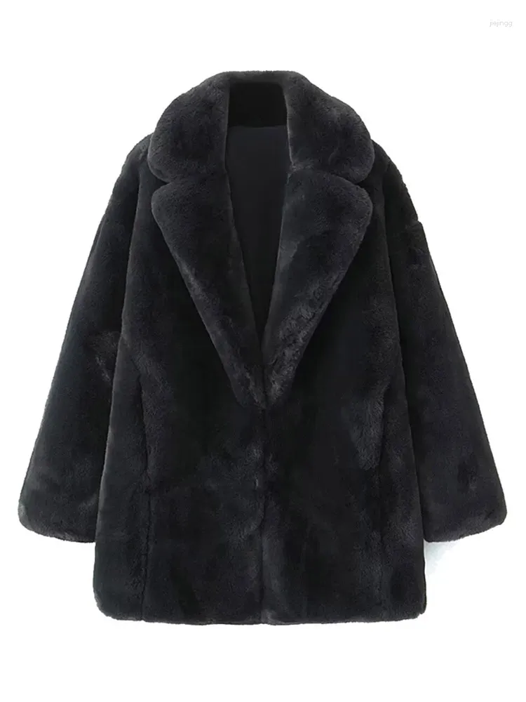 Manteau épais noir en fourrure pour femme, élégant, col rabattu, chaud, manches longues, fausse fourrure, hiver 2023