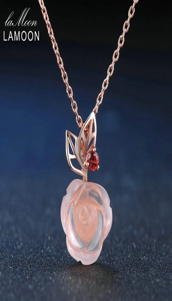 LAMOON Rose Flower Ожерелье из стерлингового серебра 925 пробы с розовым кварцем и драгоценными камнями, 18-каратное розовое золото с покрытием, ювелирные изделия LMNI025 2103308913208