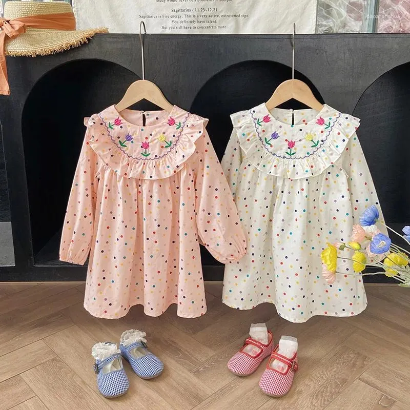 Meisje Jurken Zuid-Korea Kinderkleding Kleur Wave Dot Borduren Meisjes Jurk 2023 Herfst Ruches Lange Mouw Rok