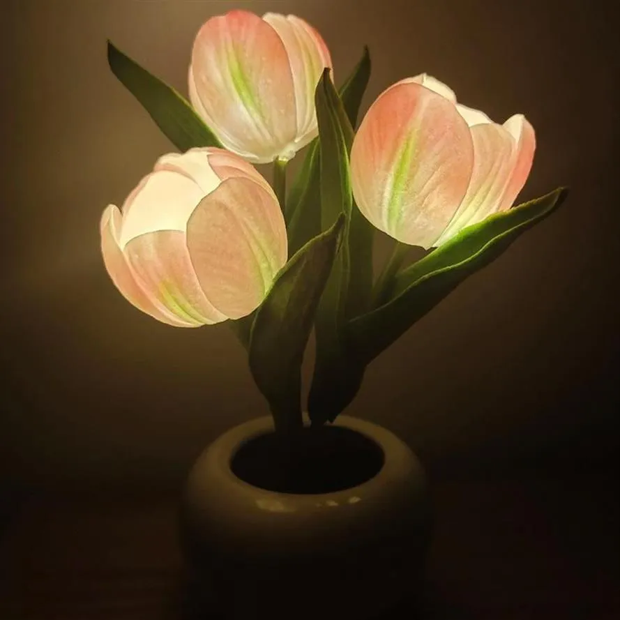 Table Lamps Led Tulip Flowerpot Lamp Pink Room Decor Simulation Ceramic Atmosphere Night Light Home Decorative OrnamentsTable274A