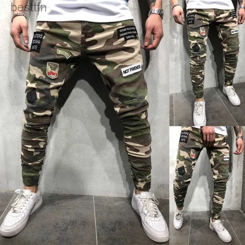 Men's Pants Fashion Men Jeans Camouflage Military Army Denim Trousers Slim badge Cargo Pencil Pants Man Hip Hop Biker Joggers HombreL231212