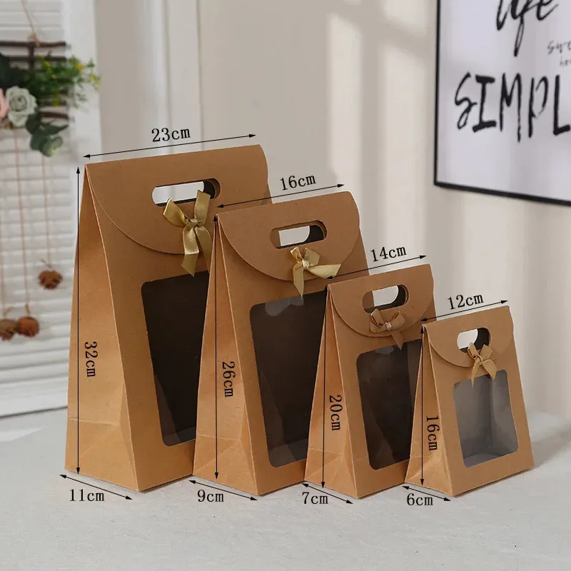 Gift Wrap 32262016cm Kraft Paper Portable Bag PVC Clear Window Packaging Bags for Small Business Birthday Christmas Present 231211