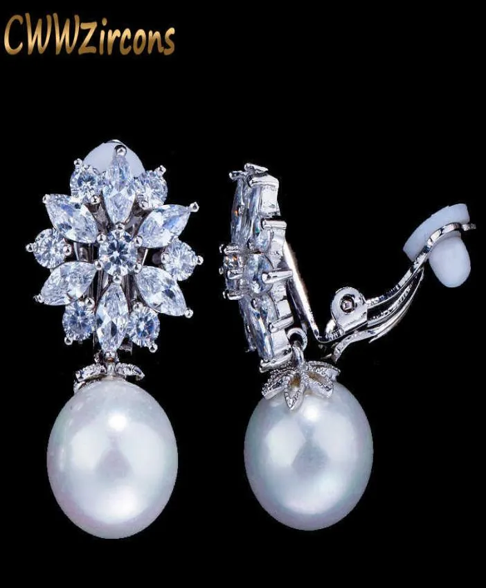Projektant CZ Crystal Flower Pearl Bez dziury Kolczyki dla kobiet mody biżuterii klips do uszu na kolorze nie przebity CZ408 2107143611145