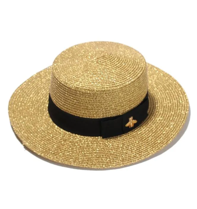Chapeau à large bord tissé en métal doré, casquette de paille large à la mode, visière plate pour parents et enfants, chapeau de paille tissé 1109919