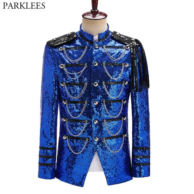 Męskie garnitury Blazers Royal Blue cekin ozdobioną wojskową marynarkę blezer kurtkę męską imprezę PROM PROM MASS TUXEDO SILL CHARUPER Piosenkarka DJ Costume Homme 231211