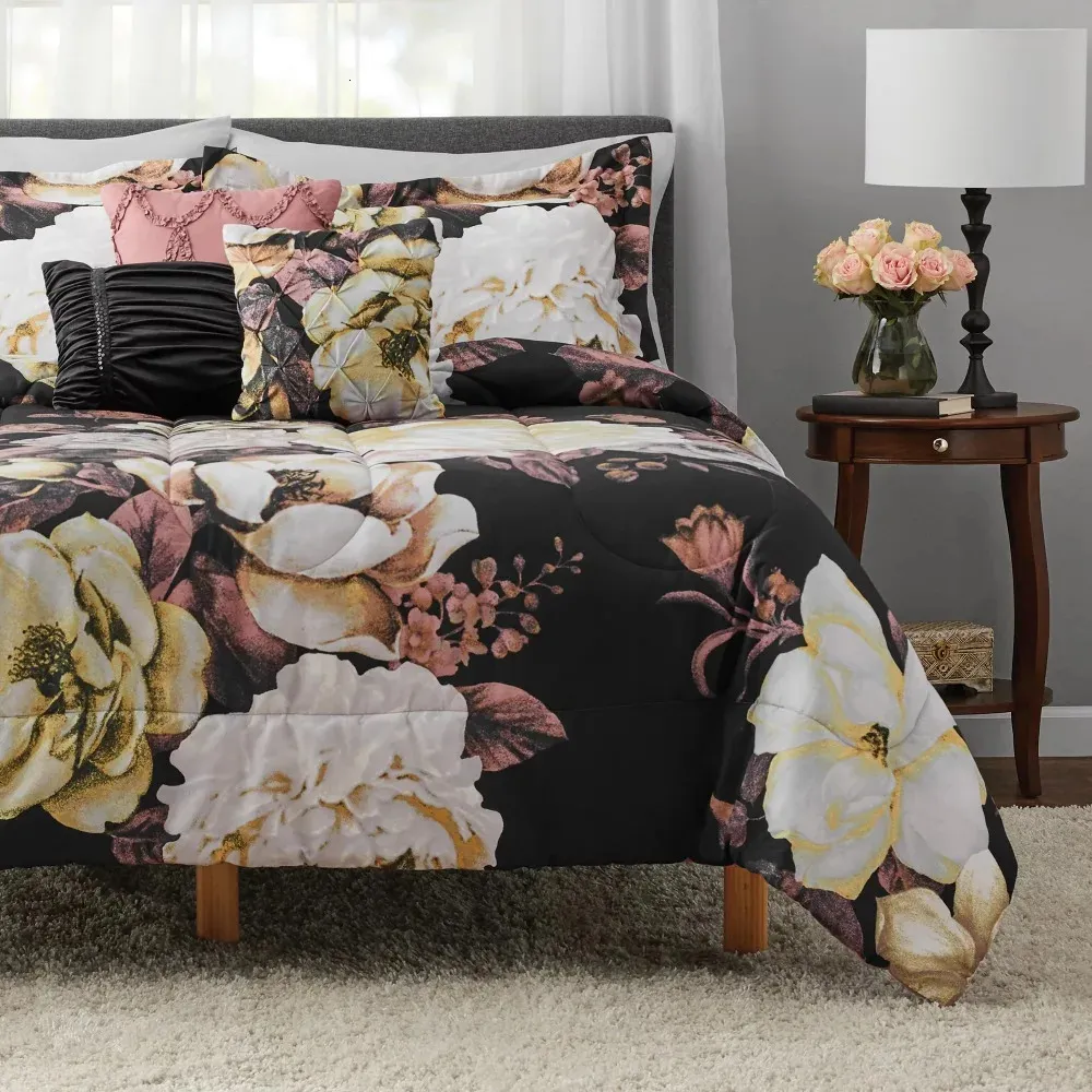 Bedding sets Black Floral 10 Piece Bed In A Bag Comforter Set with Sheets Queen 231211