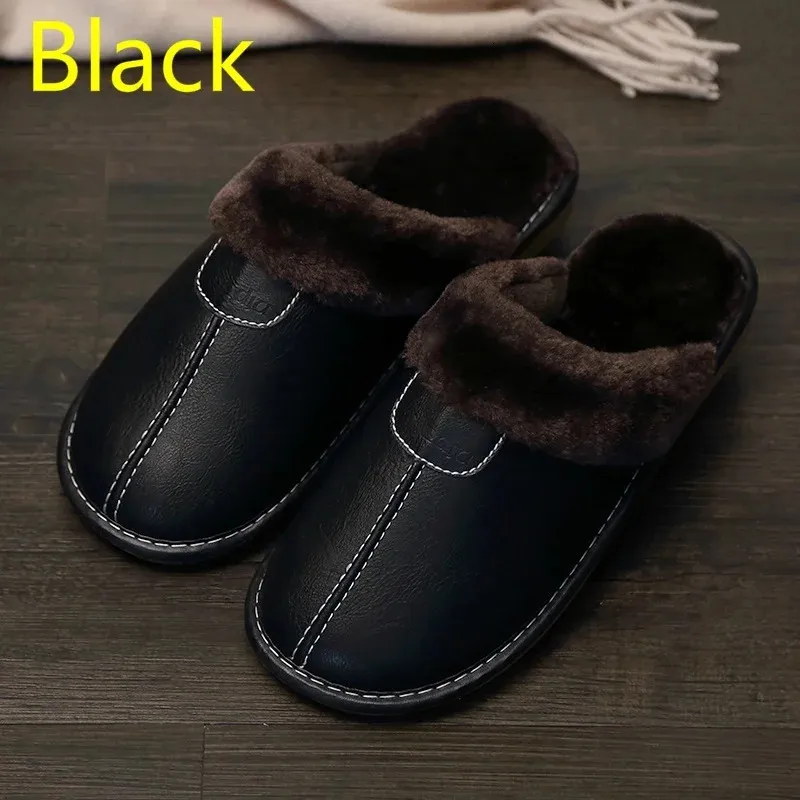 Slippers FONGIMIC Mannen Slippers Zwart Herfst PU Lederen Slippers Warme Indoor Slipper Waterdichte Thuis Schoenen Mannen Warme Lederen Slippers 231212