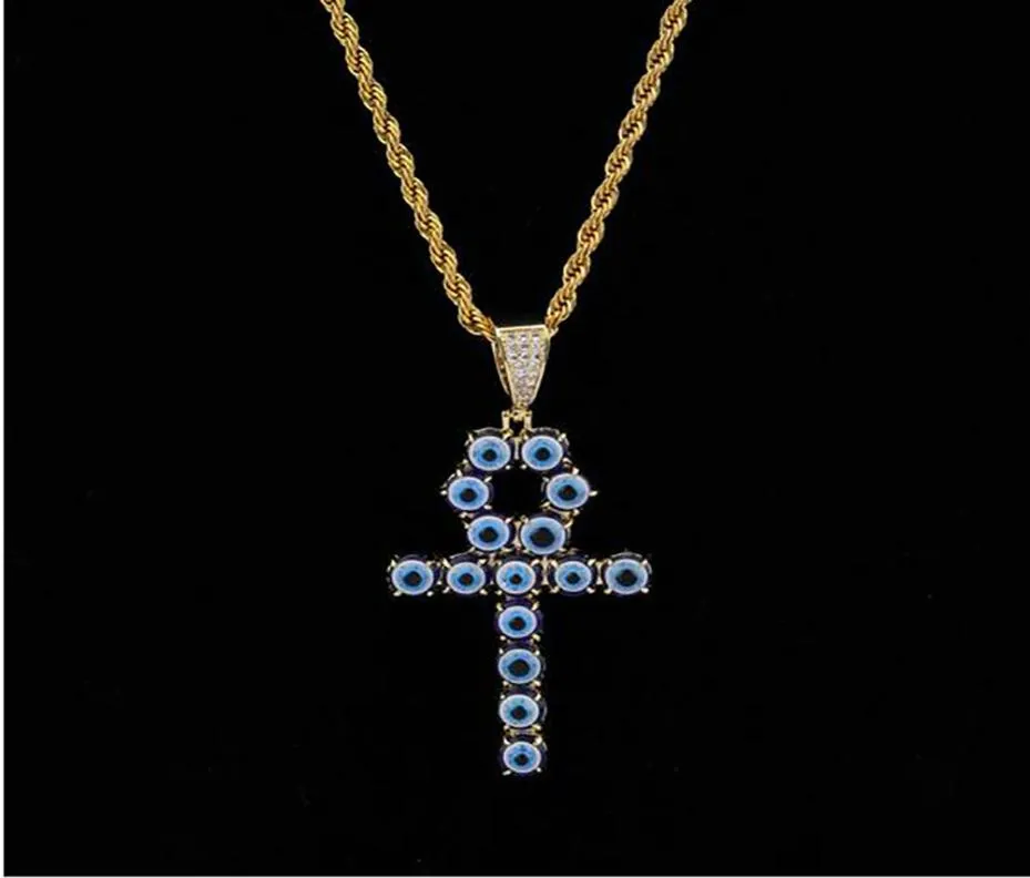 Blue Color Egyptian Ankh Key of Life Necklace 18K Gold Plated Copper Pendant Cubic Zirconia Hip Hop Jewelry7839654