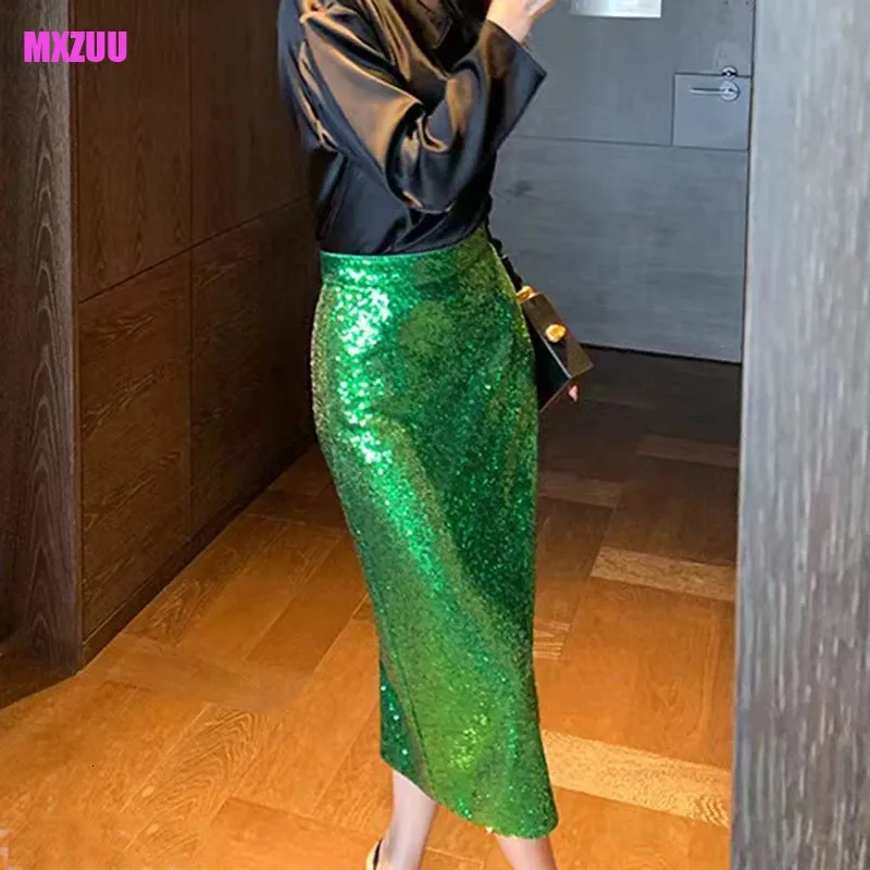 Ethnic Clothing Women s Summer Skirt 2023 Magic Color Laser Green Sexy Sequins Slim Wrap Hip Chic and Elegant Faldas Largas Para Mujer 231212