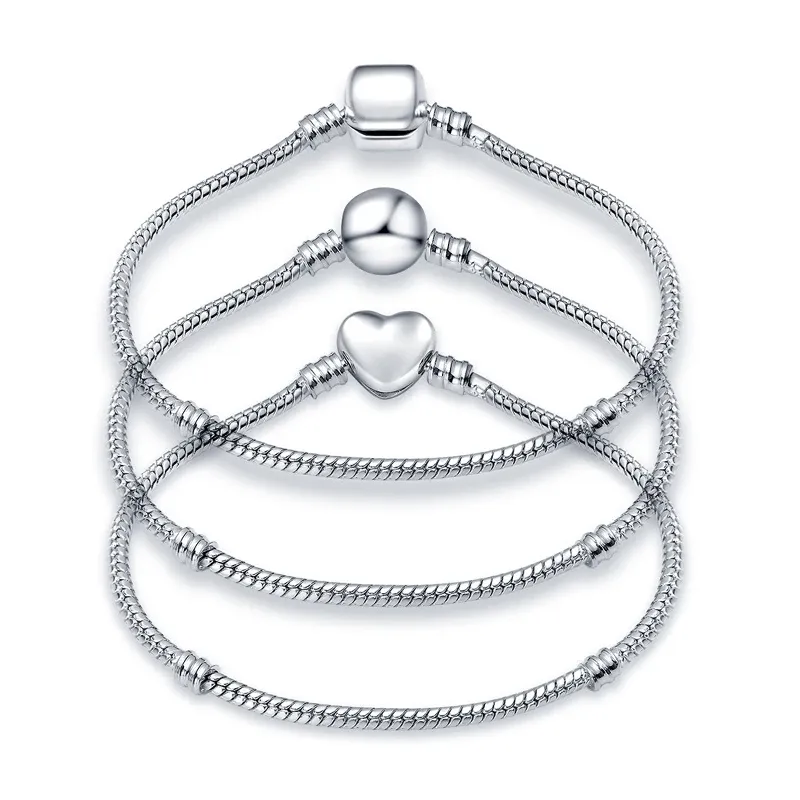 17-21cm 925 silverarmband kärlek runda pärla ormkedja armband fit pando charm pärla diy smycken tillverkning