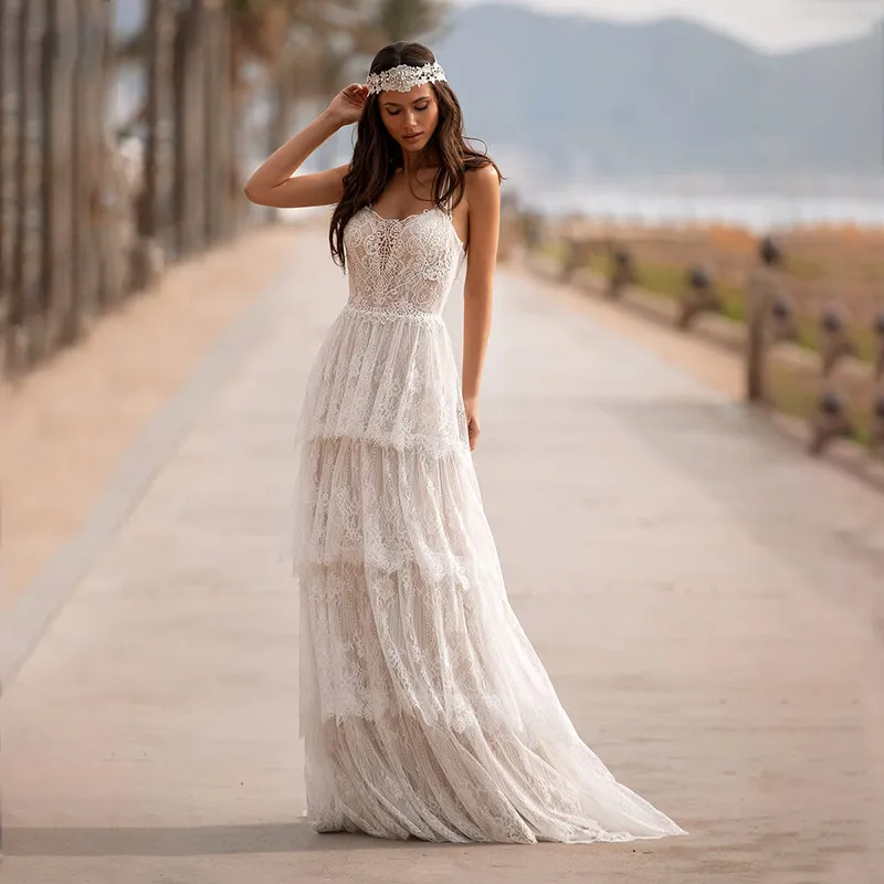 2024 Élégant Boho Dentelle Robe De Mariée Halter Sheer Dentelle Appliques Sans Manches À Niveaux A-ligne Robe De Soirée De Mariée Pour Femme Robe De Noiva Robe Mariage