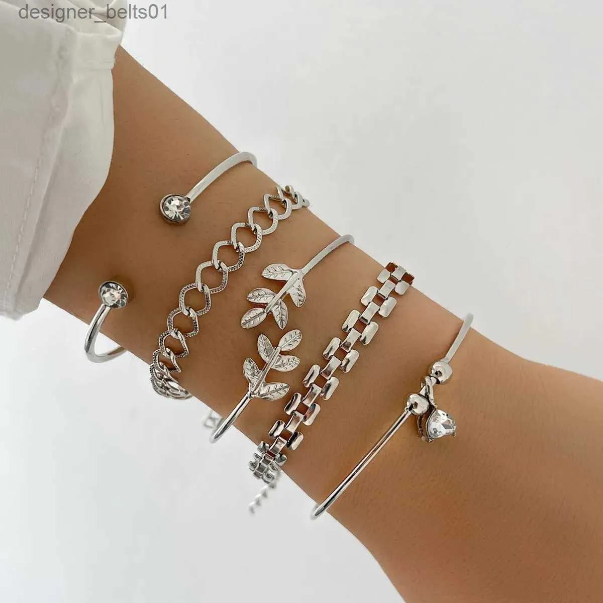 Bracelets de charme Bohème couleur argent géométrique lien chaîne Bracelet ensemble pour femmes cristal feuille ouverte manchette Bracelet femme Boho bijoux accessoire L231214