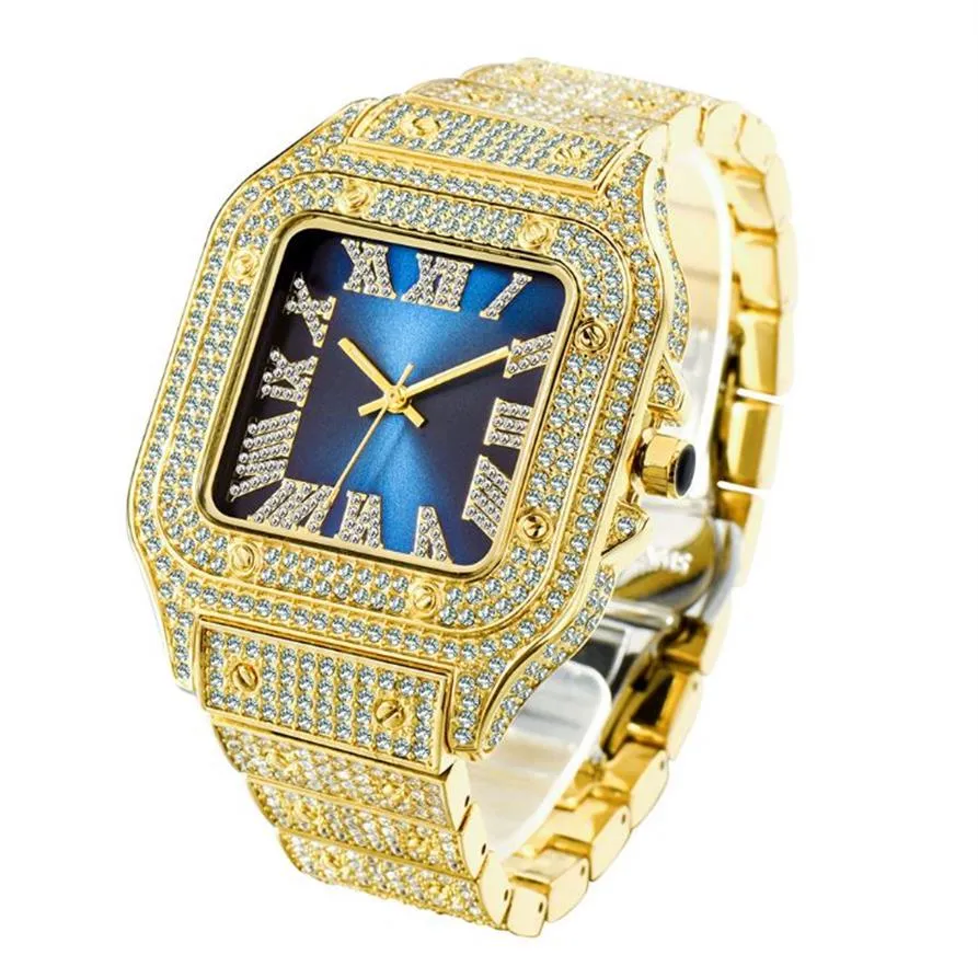 MISSFOX Romeinse schaal trendy hiphop vierkante wijzerplaat herenhorloges Klassiek tijdloos charmehorloge Volledig diamant nauwkeurig quartz uurwerk Lif258z