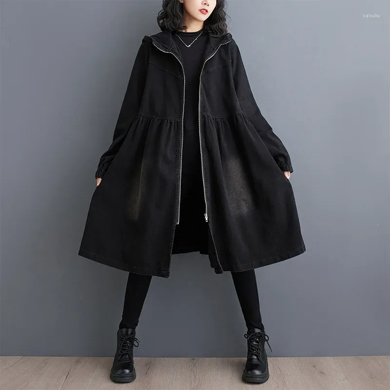 Women's Jackets SuperAen Retro Washed Oversized Denim Jacket 2024 Autumn Winter Casual Loose Trench Coat