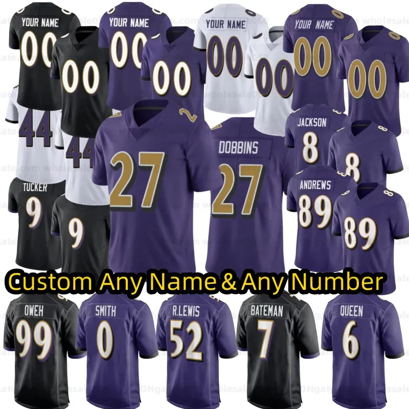 Lamar Justin Jackson Tucker Mark Andrews Camisa de futebol Dobbins Ray Lewis Marlon Humphrey Odell Beckham Jr Patrick Queen Roquan Smith Kyle Hamilton Homens Mulheres Juventude