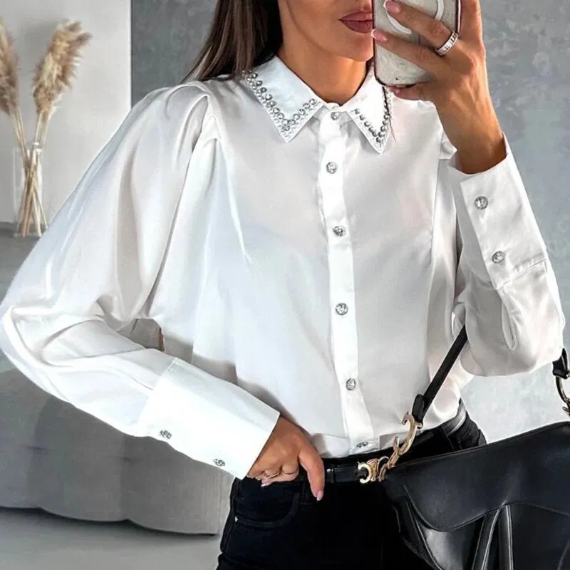 Chemise à Manches Longues Pour Femmes Mode Décontractée Unie Col Rabattu Chemise à Boutons Hauts Chemises à Manches Longues Pour Femmes Blouses à Manches Longues Pour Femmes