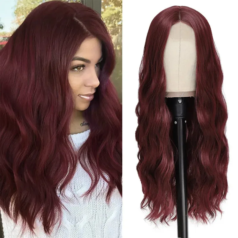 Synthetic Wigs Wine Red Women's Wig Long Curly Hair with Large Waves in The Middle Lace Wig Synthetic Fiber Daily Party Use Head Cover 231211