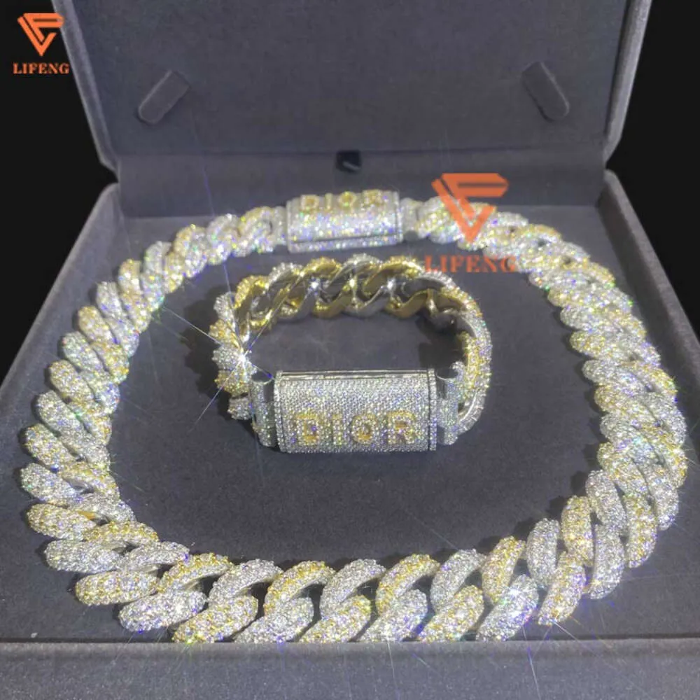 Lifeng Jewelry Design à deux tons Miami Cuban Link Chain Set Bijoux Men Hiphop Moissanite Sterling Silver Cuban Chain Collier