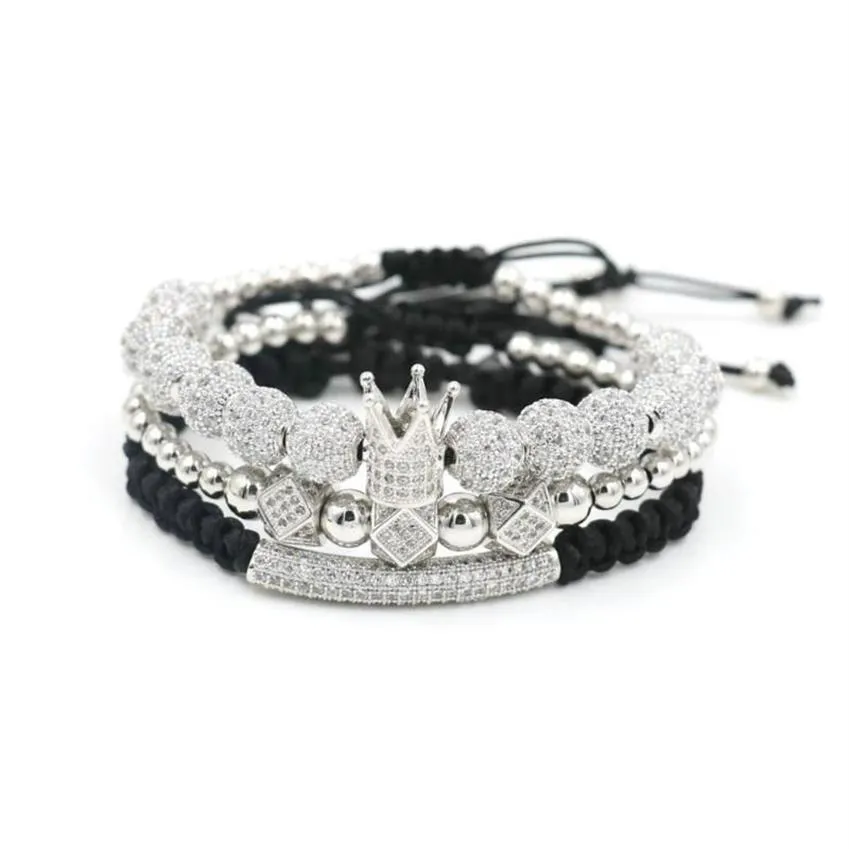 Charme Pulseiras 3 Pçs / Set Luxo Coroa Pulseira Homens Hip Hop Prata Cor Micro Pave CZ Bola Para Mulheres Casais Pulseira Bileklik274z