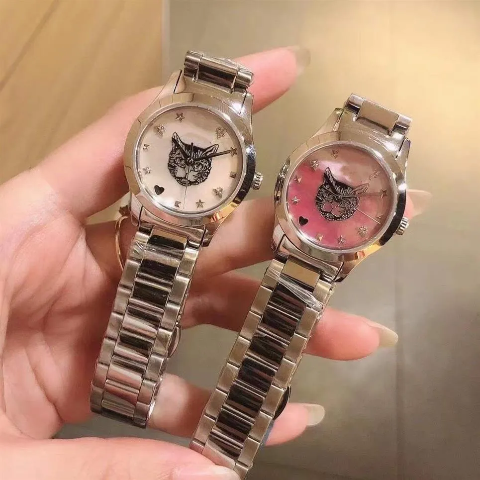 38mm Charme intemporel imbriqué G Montre-bracelet Femmes Hommes Couple Quartz Horloge Motif Animal CAT Montres En Acier Inoxydable Coeur Abeille S318d