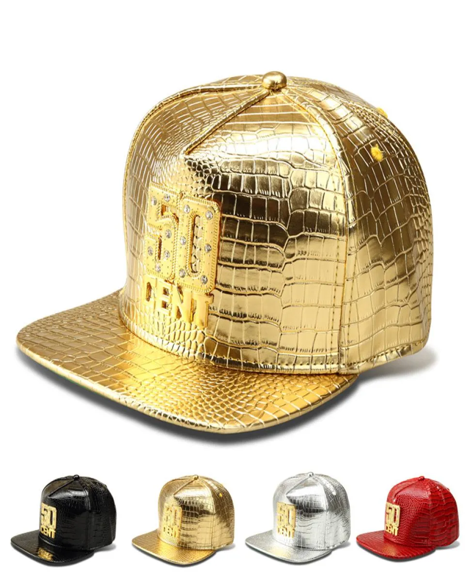 2017 Luxury 50Cent Baseball Caps Faux Leather Gold Rhinestone Cockade Crocodile Strapback Hats Hip Hop DJ Rap Hats Men Women Gift7261465